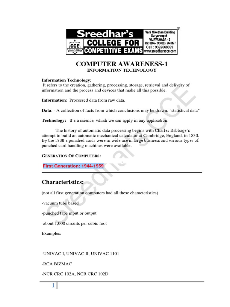 Computer Awareness - Computer Awareness-1 | PDF | Computer Hardware ...
