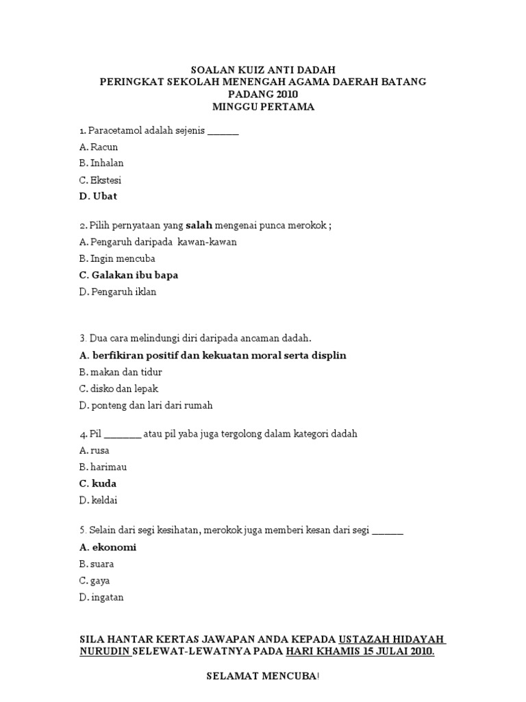 Soalan Kuiz Anti Dadah Pdf