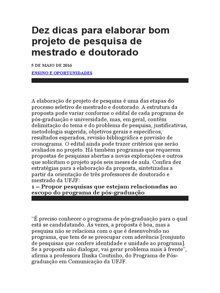 Dez Dicas para Elaborar Bom Projeto de Pesquisa de Mestrado e Doutorado ...