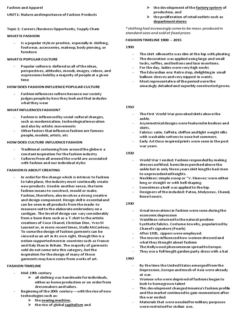 Fashion and Apparel Unit 1 Notes | PDF | Fashion | Marketing