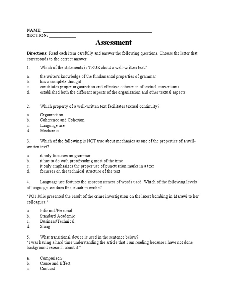 Well-Written Text Assessment Quiz | PDF | Communication | Linguistics