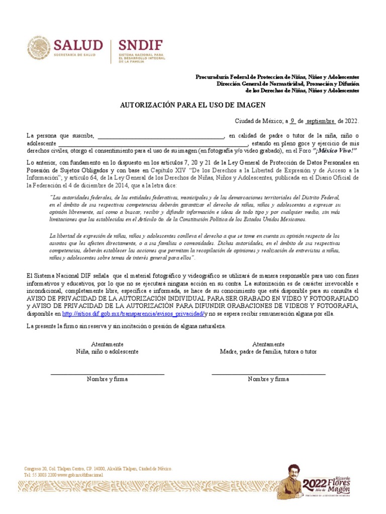 Carta Autorización Uso Imagen NNA | PDF | México | Privacidad de la  información, image size:768x1024