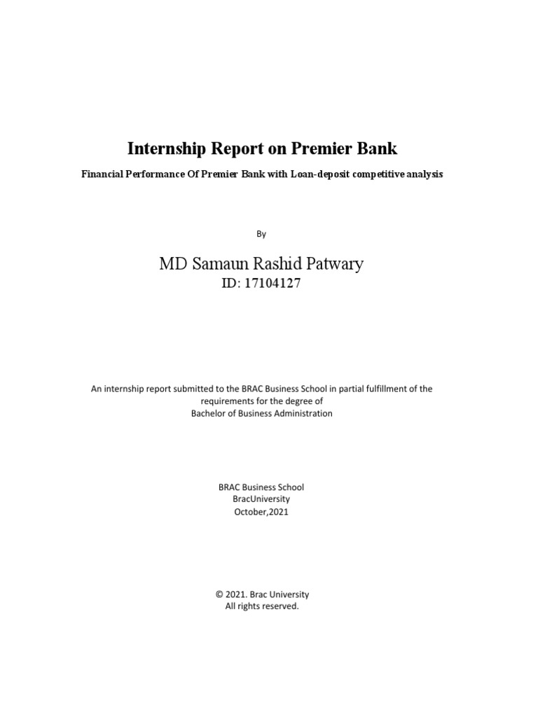 Internship Report On Premier Bank: MD Samaun Rashid Patwary | PDF ...