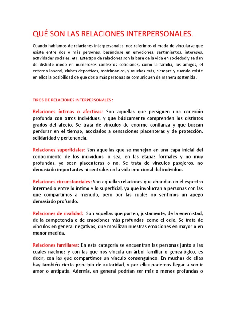Tipos y Importancia de Relaciones Interpersonales | PDF | Las emociones ...