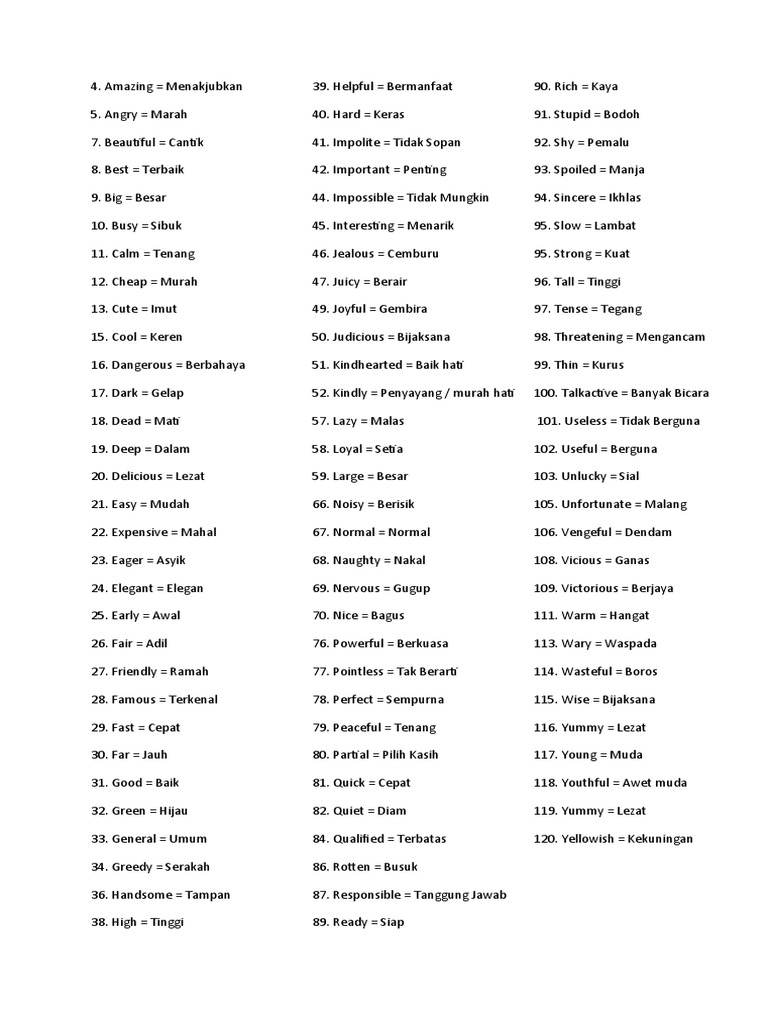 English-Indonesian Adjective List | PDF