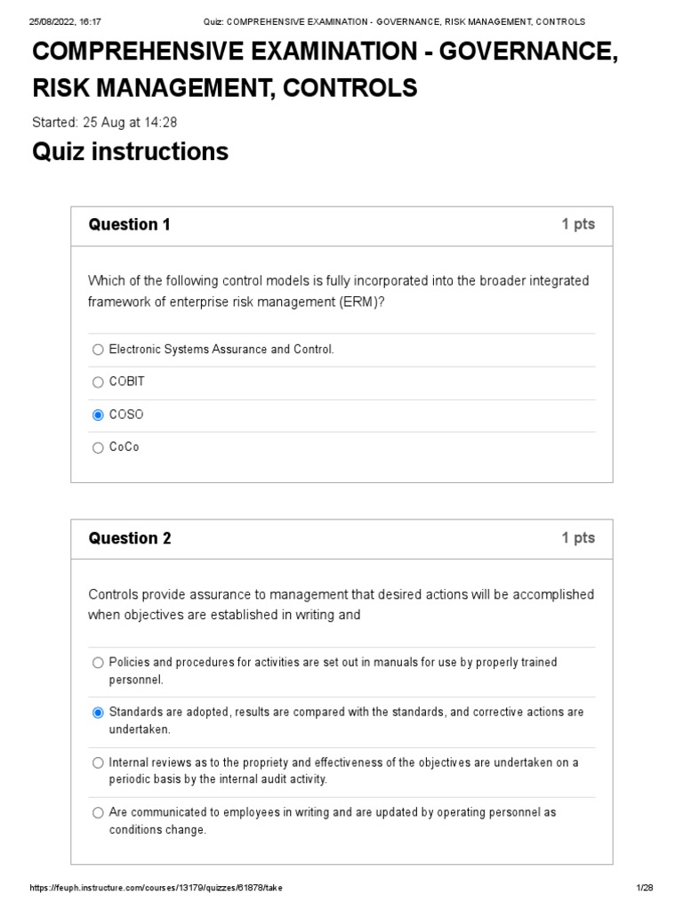Governance and Risk Management Quiz | PDF | Internal Control | Audit