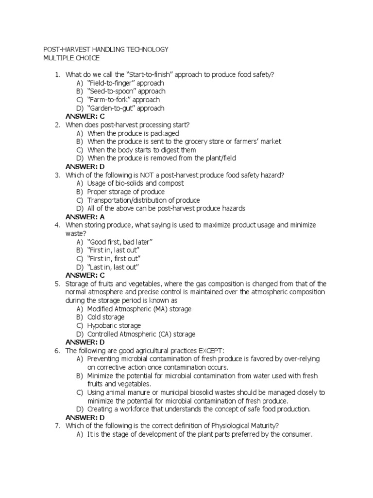 PostHarvest MCQ PDF Vegetables Carbon Dioxide