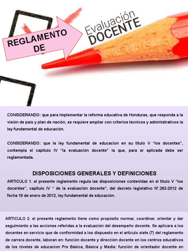 Reglamento de Evaluación Docente en Honduras | PDF | Evaluación | Maestros