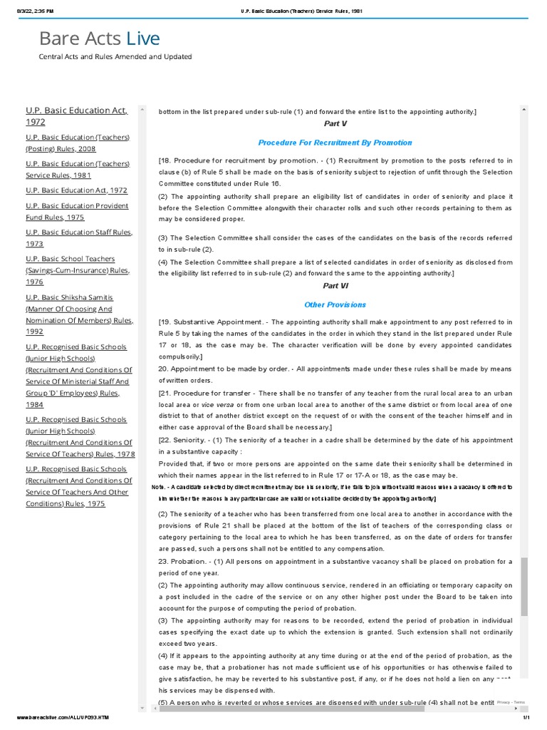 U.P. Basic Education (Teachers) Service Rules, 1981 | PDF