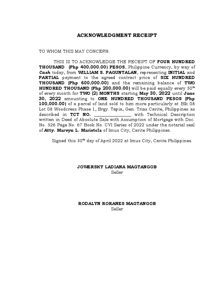 Acknowledgement Receipt - No TCT But With Technical Description 04-30 ...