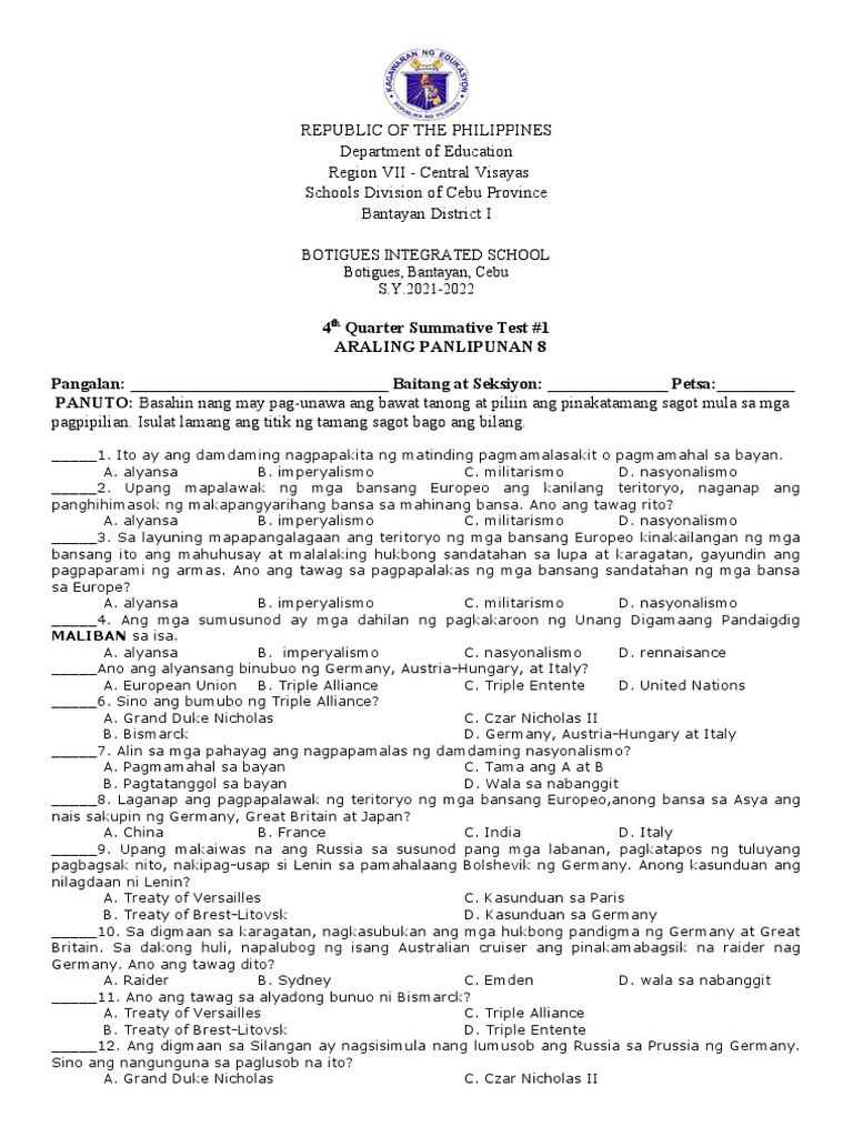 Araling Panlipunan 8 - Summutive Test (4TH Quarter) | PDF