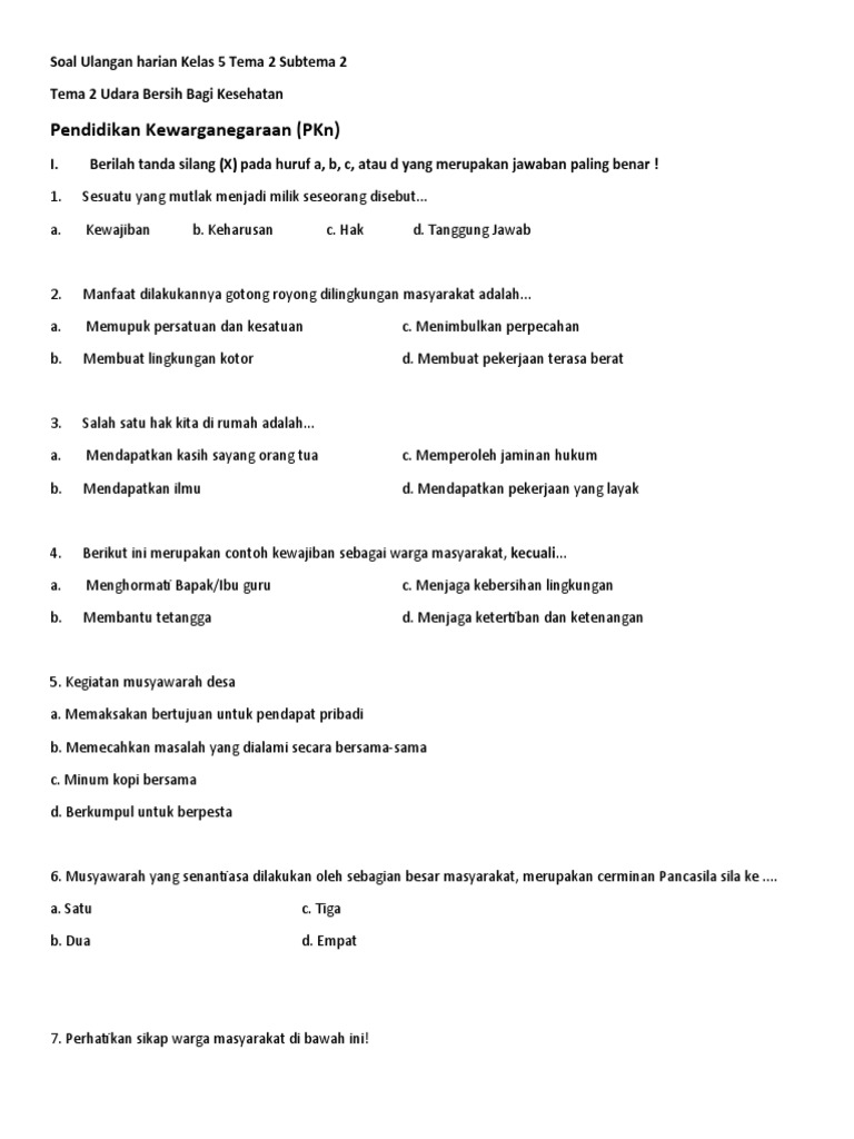 ulangan harian tema 7 kelas 5 semester 2