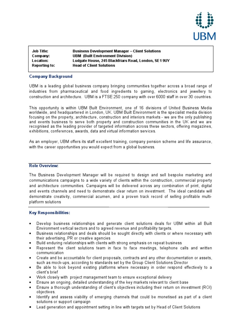 Business Development Manager Ubm | Pdf | Sales | Advertising