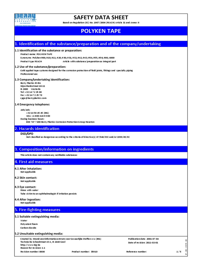 MSDS Polyken Tape 900 910 920 Download Free PDF Dangerous Goods Personal Protective Equipment