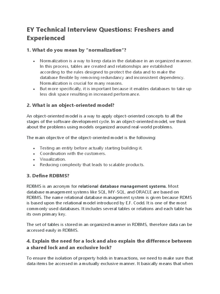 EY Technical Interview Questions | PDF | Relational Database | Databases