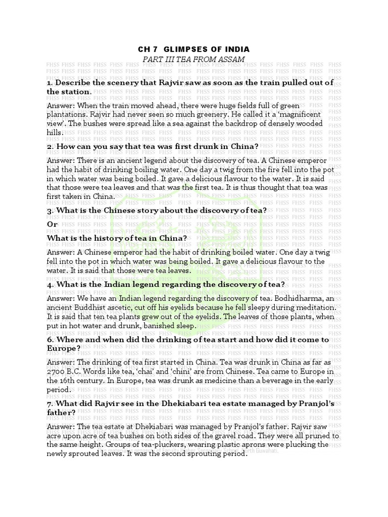 Class 10 English Ch Tea From Assam Summary