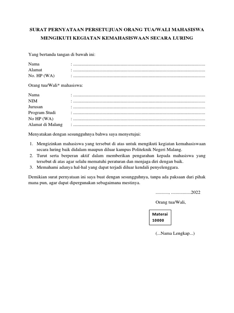 Surat pernyataan persetujuan orang tua pdf