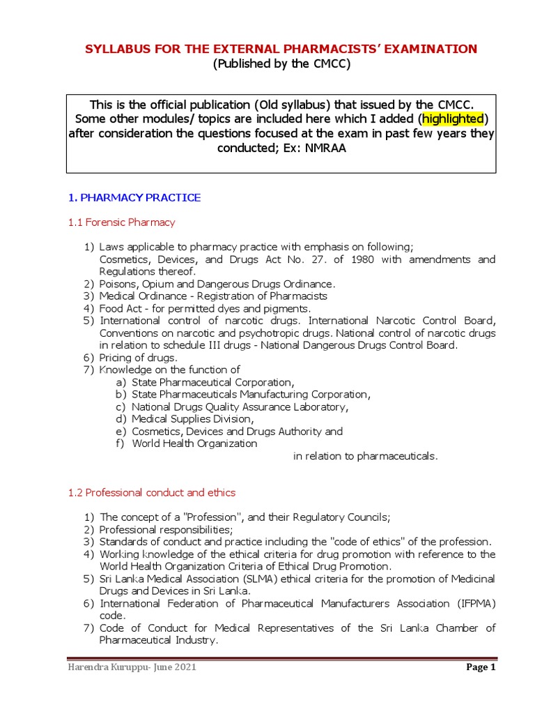 External Pharmacy Syllabus (2021) | PDF | Pharmacology | Pharmacist