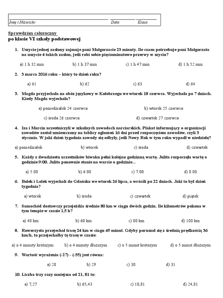 Sprawdzian Całoroczny Z Matematyki Klasa 6 Matematyka Z Plusem
