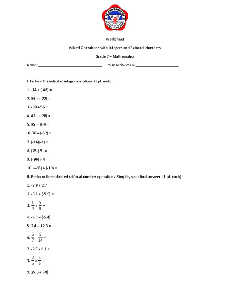 Worksheet mixed operations with integers and rational numbers pdf