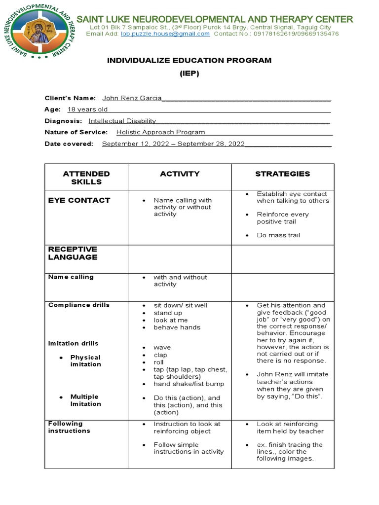 IEP for John Renz Garcia | PDF | Imitation | Individualized Education ...