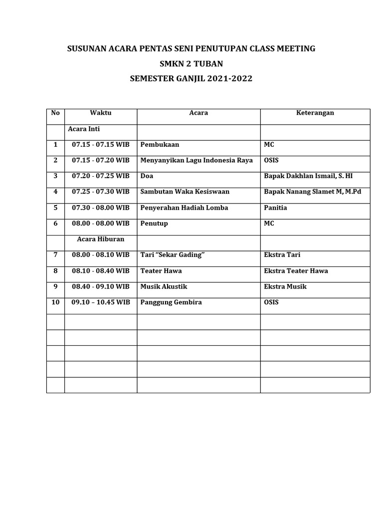 Susunan Acara Pentas Seni Penutupan Class Meeting Pdf