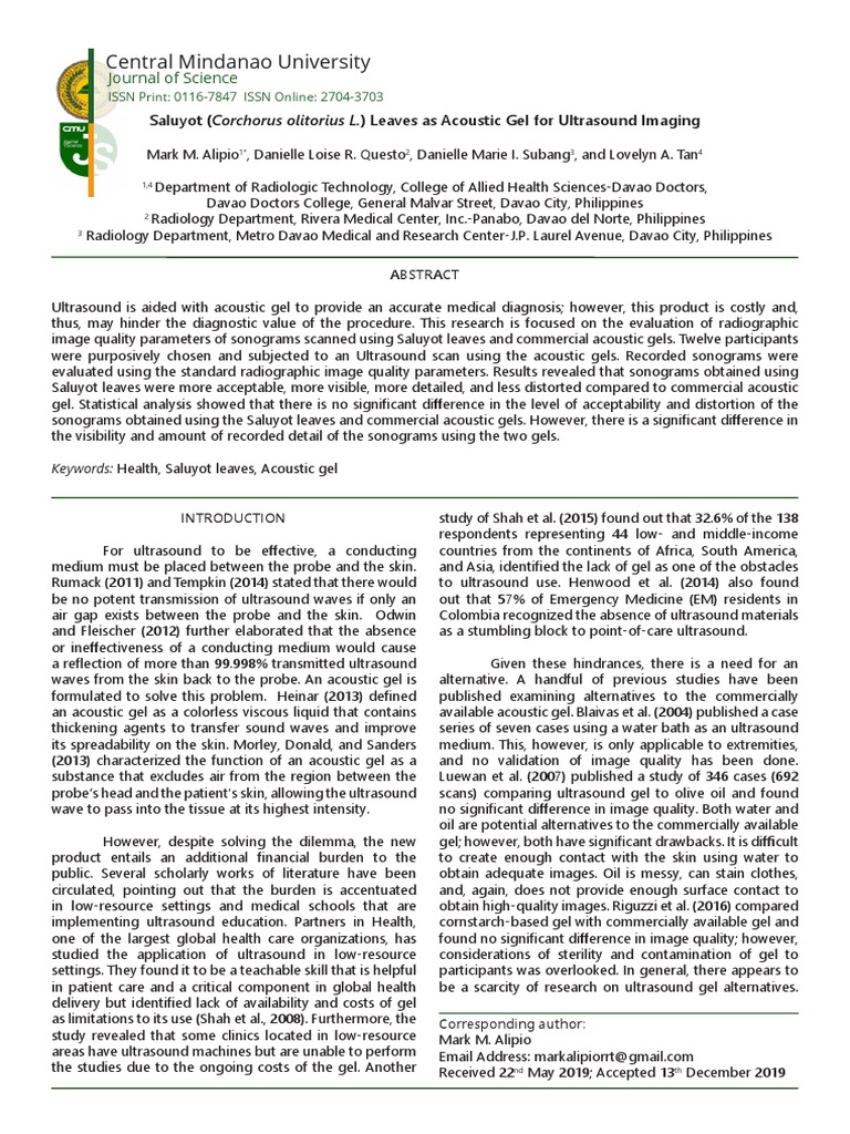 Saluyot Leaves As Acoustic Gel For Ultrasound Imaging PDF Medical
