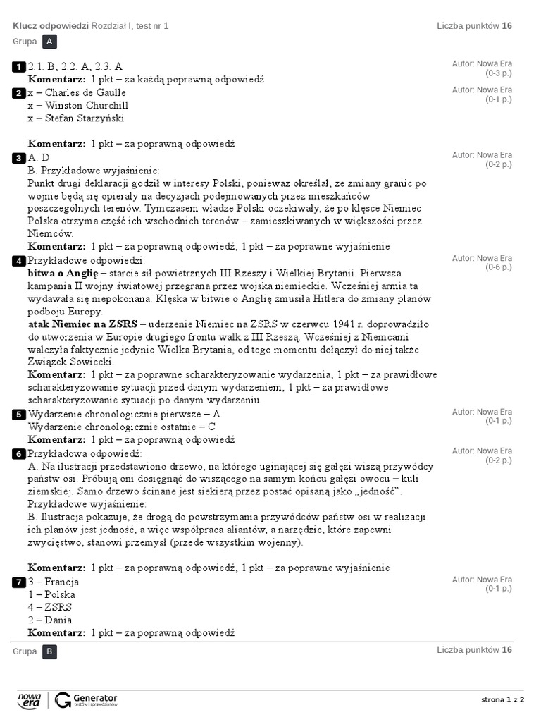 Rozdział I, Test NR 1 Klucz Odpowiedzi | PDF