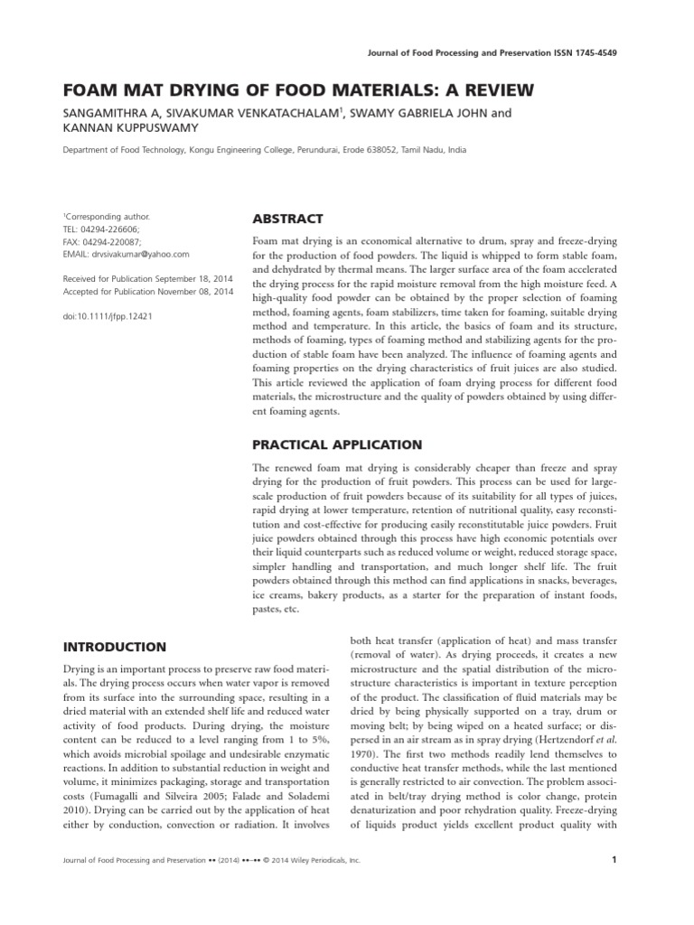 Foam Mat Drying of Food Materials A Review JFFP PDF