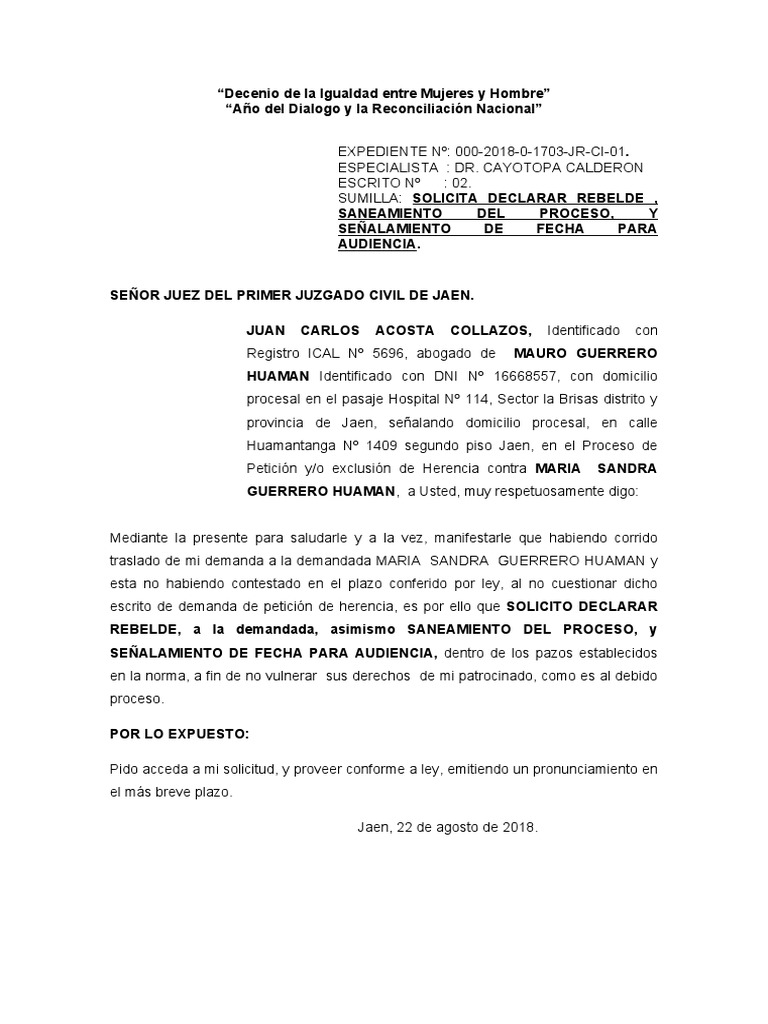 Solicito declarar rebelde pdf