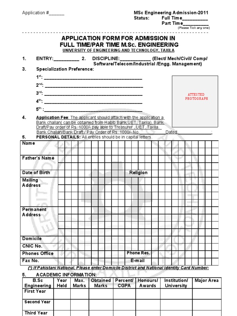 MSc Engineering Admission Application Form | PDF