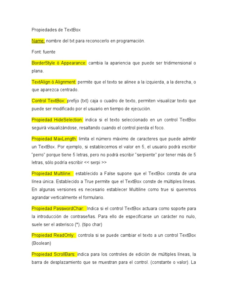 Propiedades Texbox | PDF | Cadena (informática) | Informática