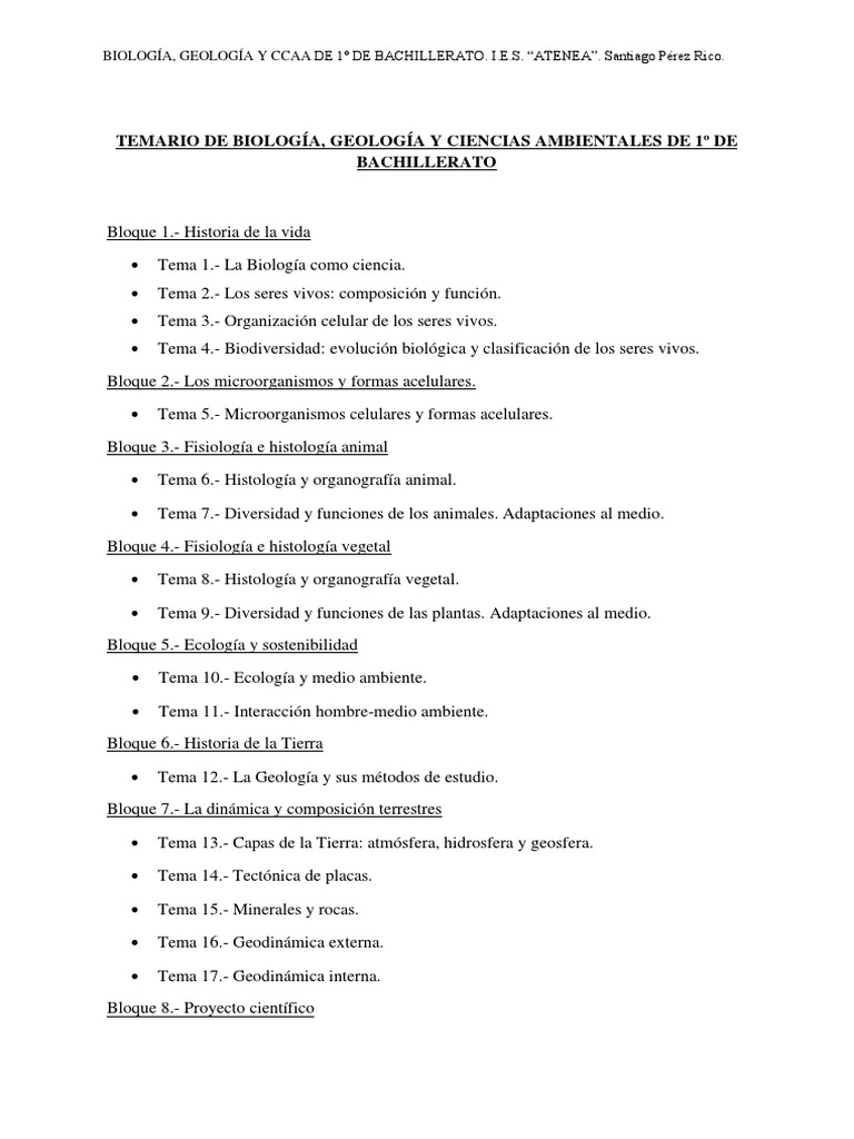 Temario De Biolog a Y Geolog a 1 Bachillerato PDF Ciencia Y 