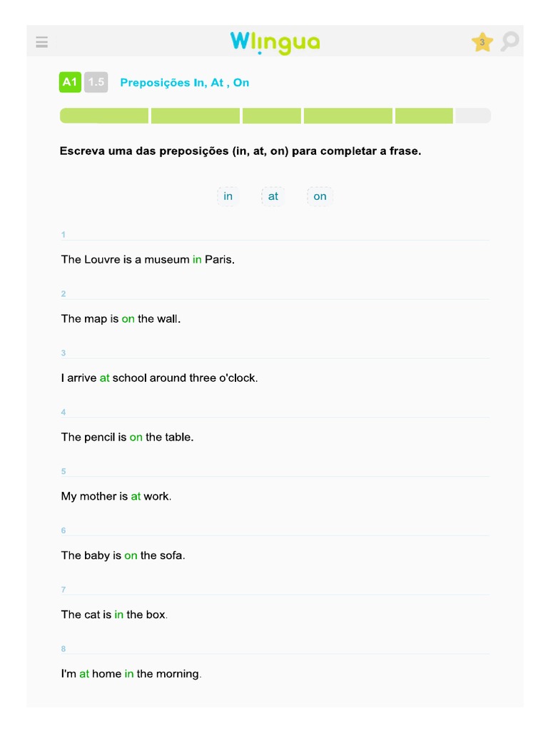1.5 - Preposições - In, At, On - Exercícios | PDF