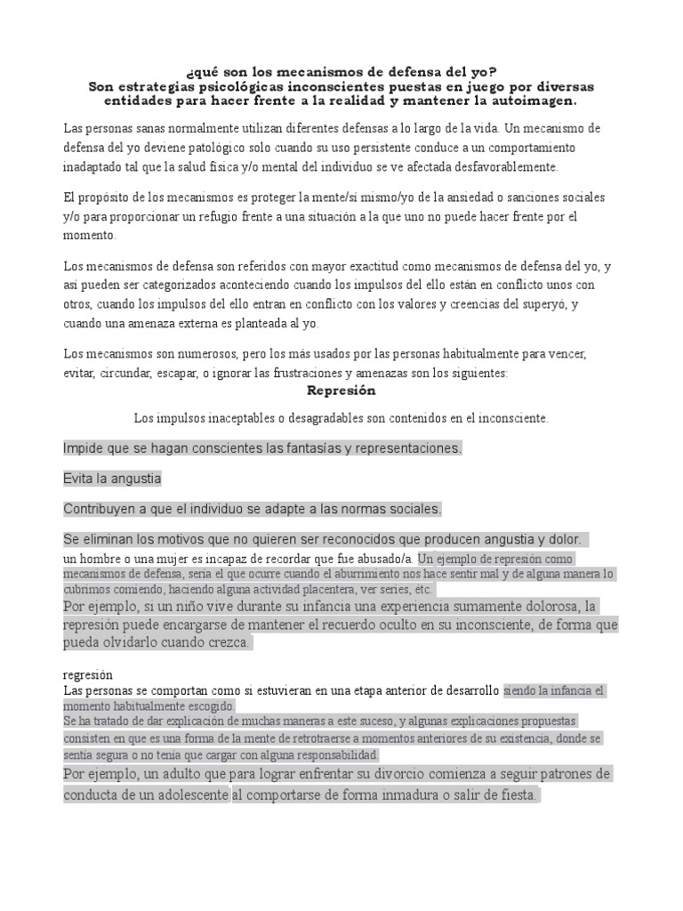 Mecanismos de Defensa del Yo Explicados | PDF | Sicología | Conceptos ...