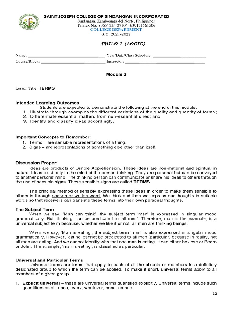 Understanding Universal and Particular Terms A Lesson on Logic from