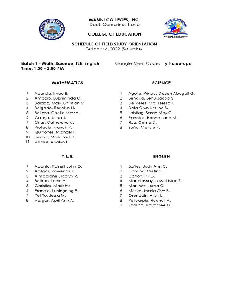 FS Orientation Schedule 2022 | PDF