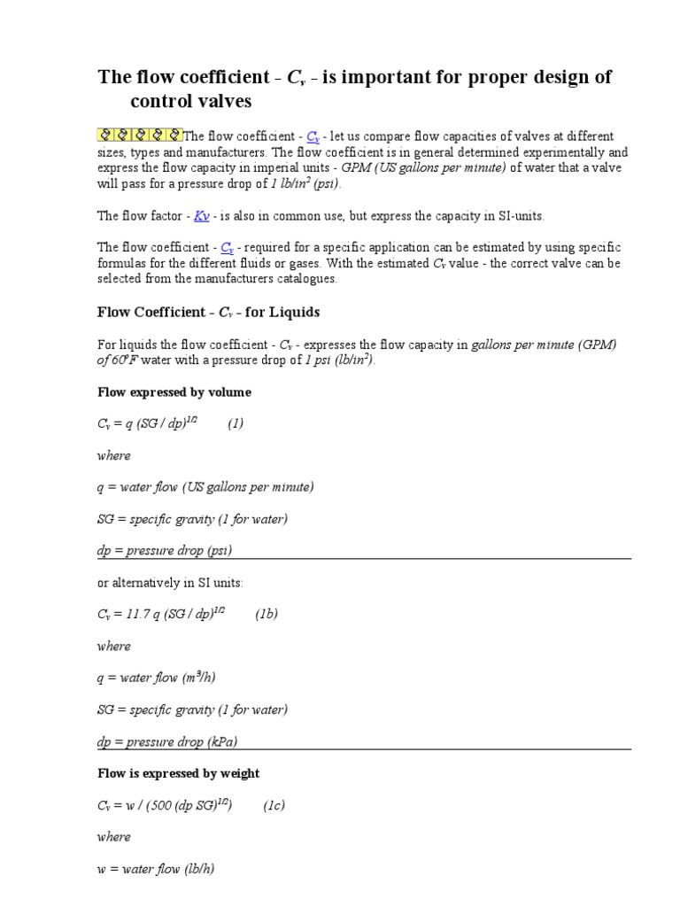 Flow Coefficient (Cv) and Calculation of Flow Through Valves Gallon