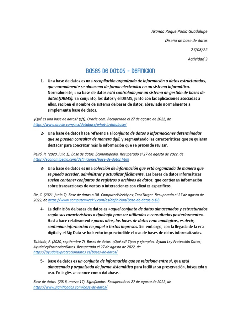Definiciones de Base de Datos | PDF | Bases de datos | Datos