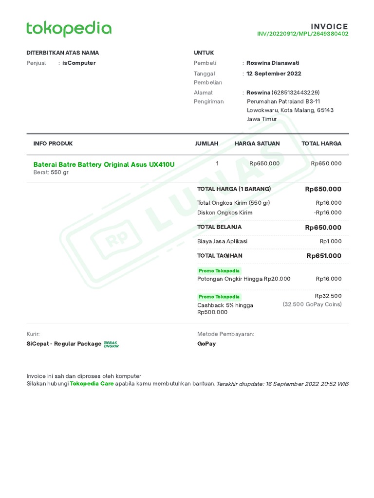 Invoice Pembelian Baterai Asus UX410U | PDF