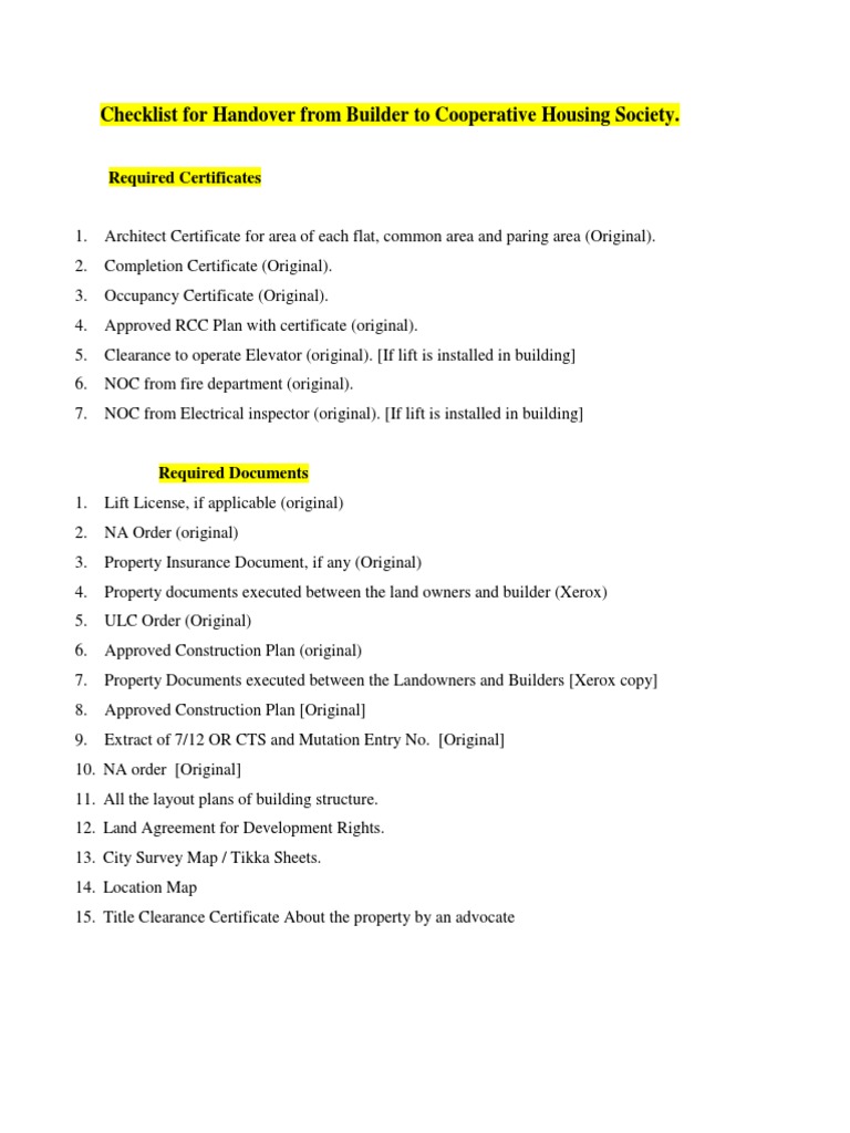 Checklist For Handover From Builder To Cooperative Housing Society PDF