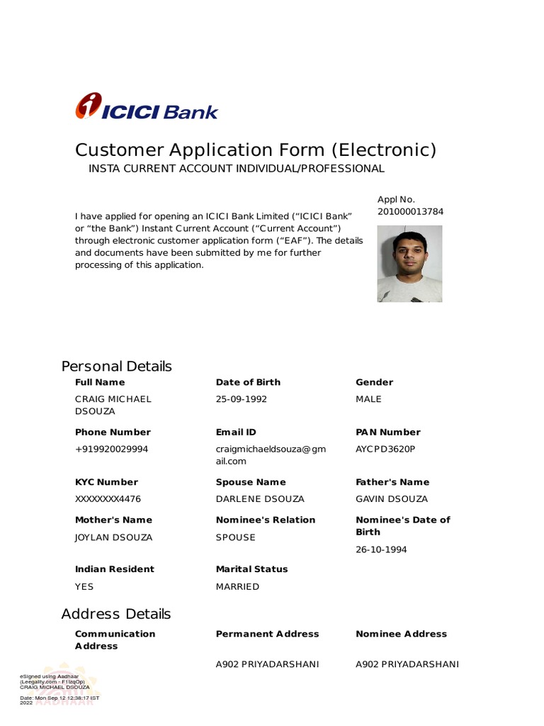 ICICI Bank Current Account Signed Acknowledgement X8XXXXXX8 PDF Transaction Account Banks