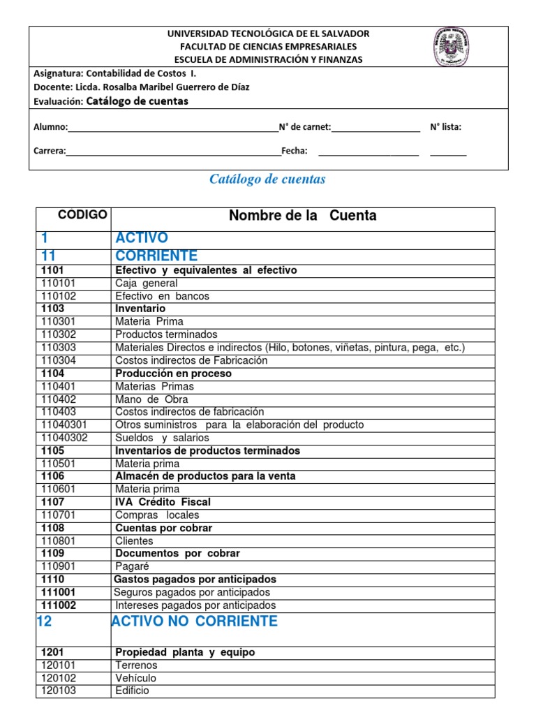 Catálogo de Cuentas - Costos I - ACTUALIZADO | PDF | Impuesto sobre la ...