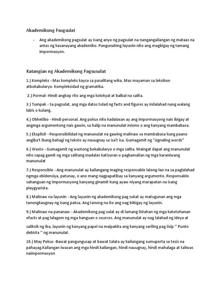 Katangian NG Akademikong Pagsusulat | PDF