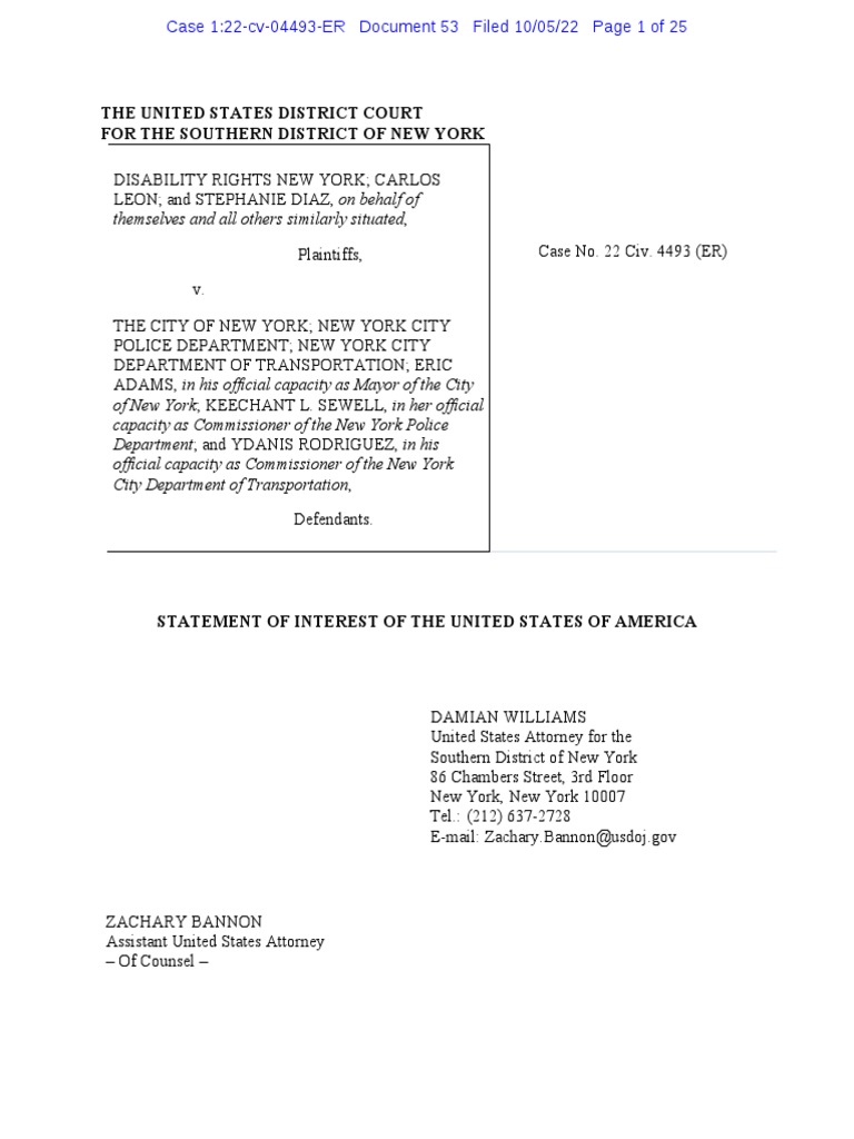 10-5-22 - Disability Rights NY Vs NYC - US Attorney Statement of ...