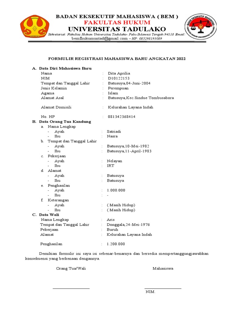 Form Registrasi Mahasiswa Baru Pdf