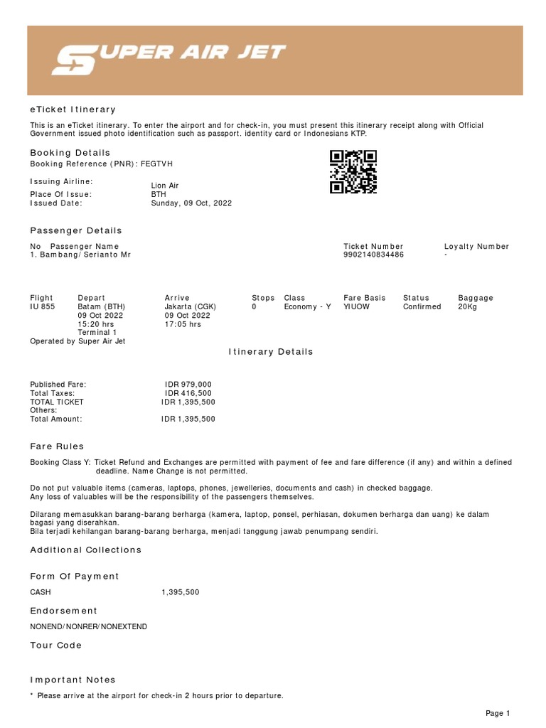Lion Air eTicket: Batam to Jakarta | PDF