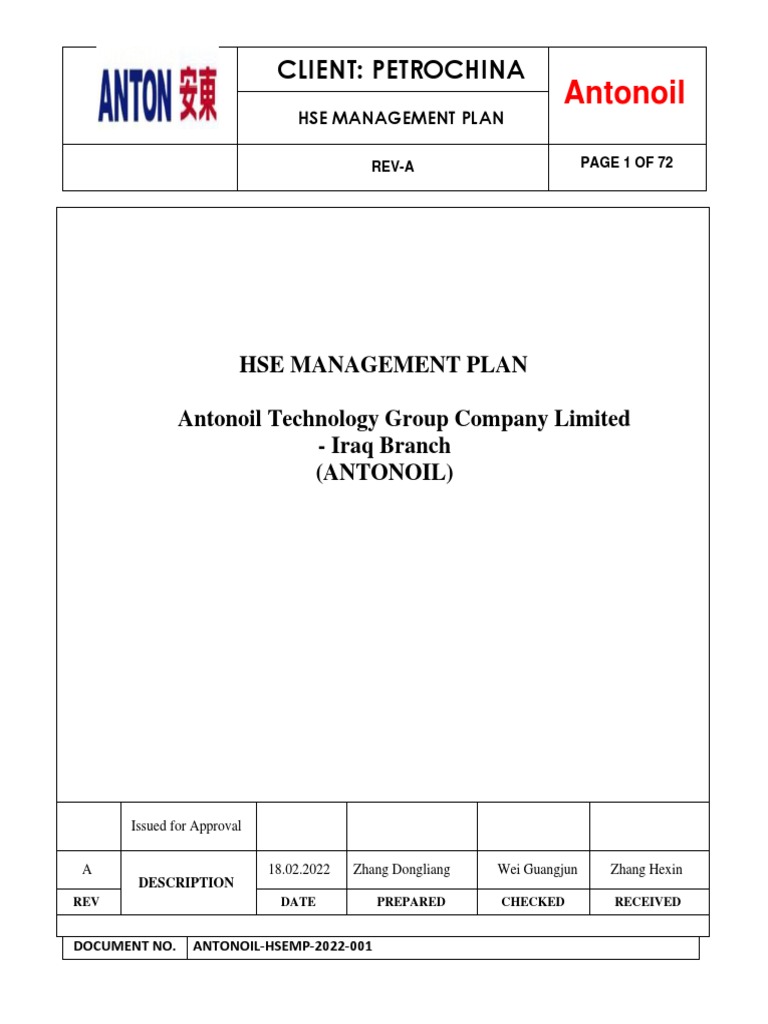 ANTON - HSE Management Plan - 2022 | PDF | Waste | Occupational Safety ...