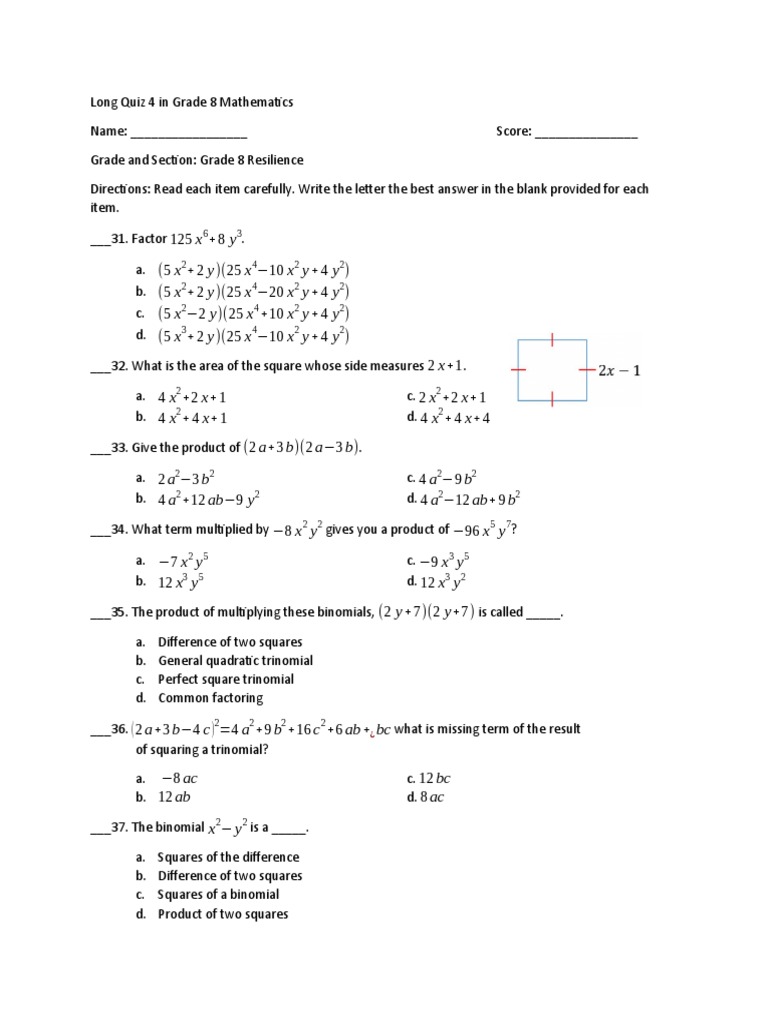 Long Quiz 4 in Grade 8 Mathematics PDF Exponentiation