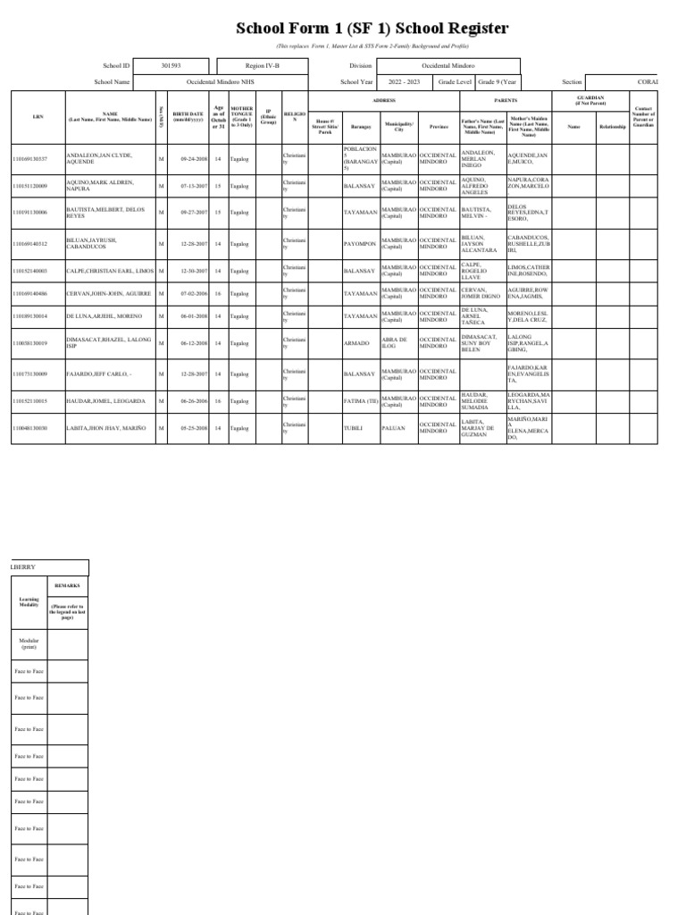 Grade 9 School Register 2022-2023 | PDF